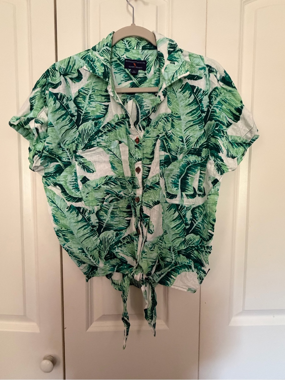 Margaritaville Green Tropical Leaf Tie-Front Button-Down Shirt
